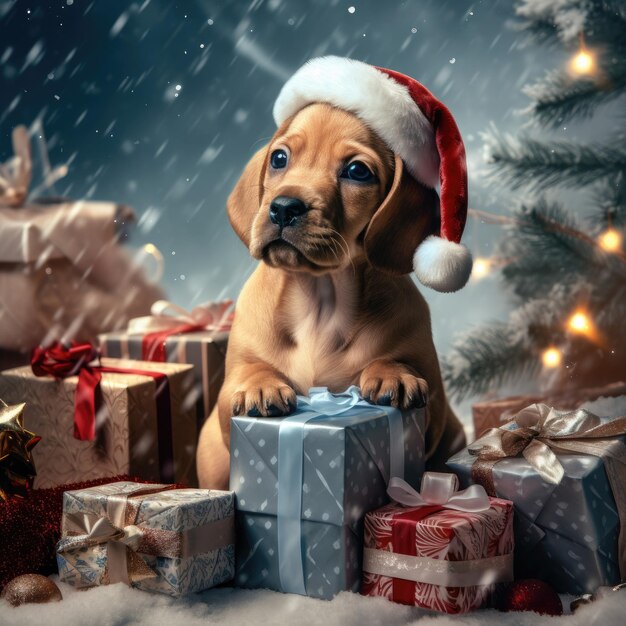 Foto cachorro bonito com caixas de presentes de natal conceito foto cartaz presente feliz ano novo vermelho