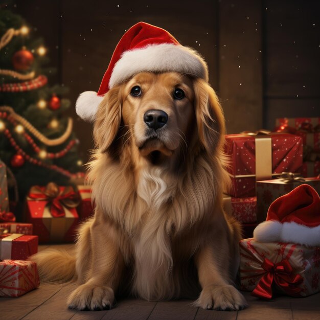 Foto cachorro bonito com caixas de presentes de natal conceito foto cartaz presente feliz ano novo vermelho