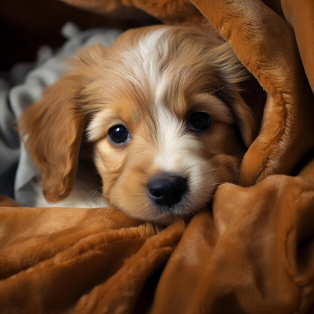 Foto cachorro bonito de cavalier king charles spaniel deitado debaixo de um cobertor