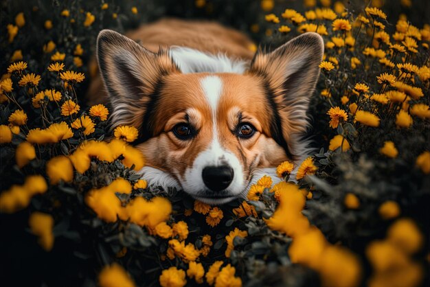 Cachorro bonito deitado no chão na frente de algumas flores amarelas atiradas verticalmente