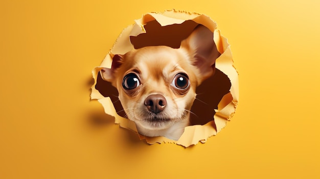 Cachorro bonito espiando de um buraco na parede rasgado modelo de buraco