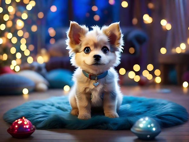 Foto cachorro bonito sentado em um cobertor azul com luzes de natal