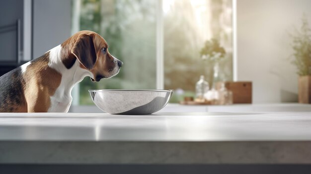 Foto cachorro bonito sentado perto de uma tigela de comida para cães dentro de casa