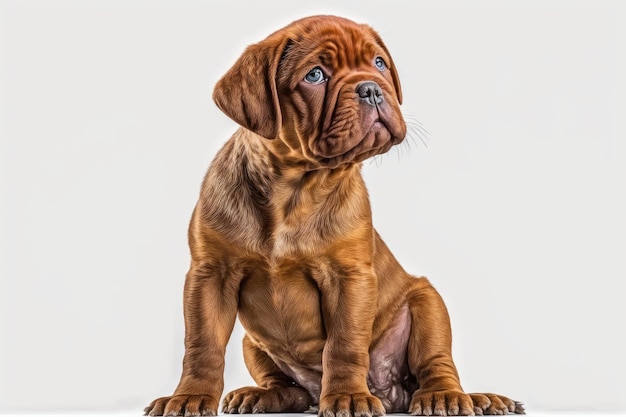 El cachorro Bordeaux está sentado frente a un fondo blanco