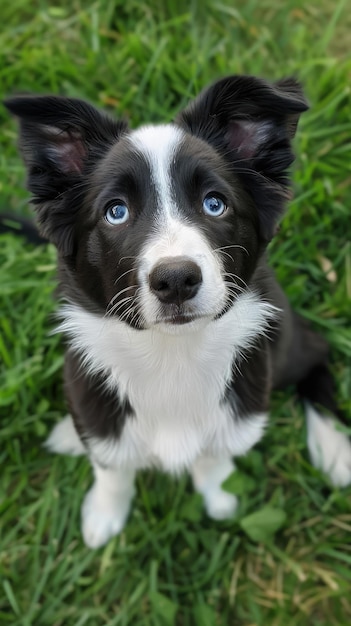 Cachorro Border Collie curioso con llamativos ojos azules en la hierba AI generativa