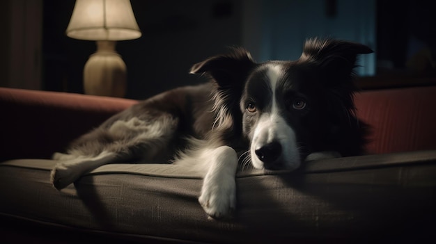 Cachorro Border Collie reclinado em um sofá