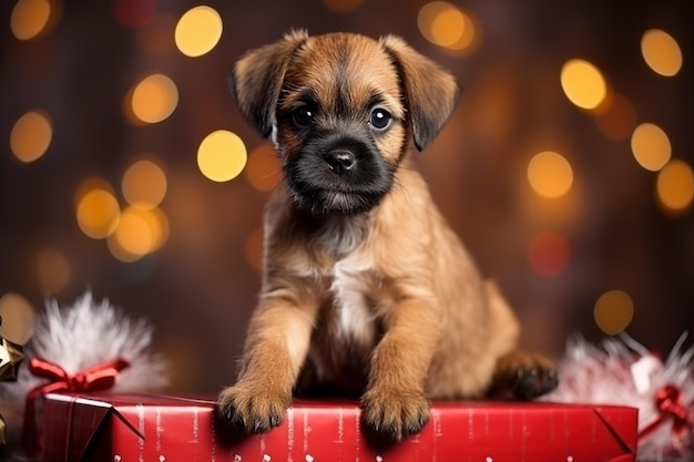 Un cachorro de Border Terrier se sienta en medio de los regalos de Navidad