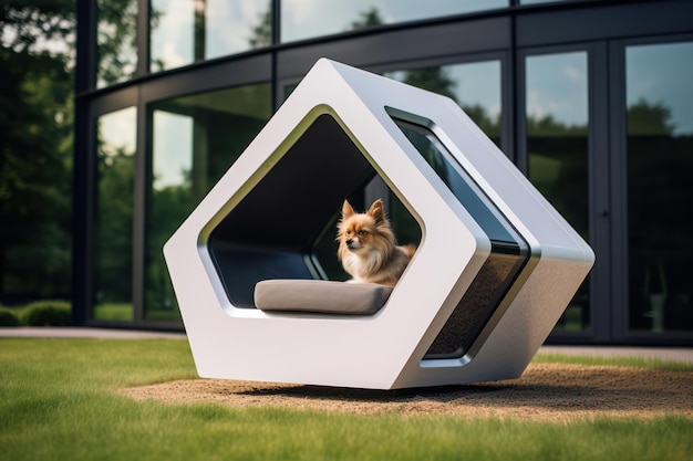 Foto cachorro branco bonito descansando em uma cabana de madeira em um dia ensolarado