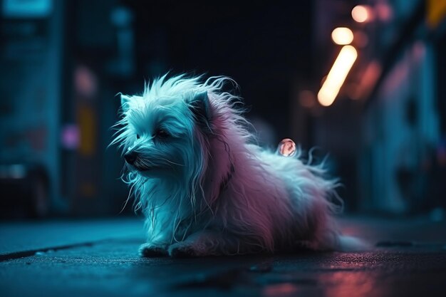 Cachorro branco bonito na rua da cidade de néon cyberpunk