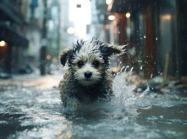 Foto cachorro branco correndo na enchente