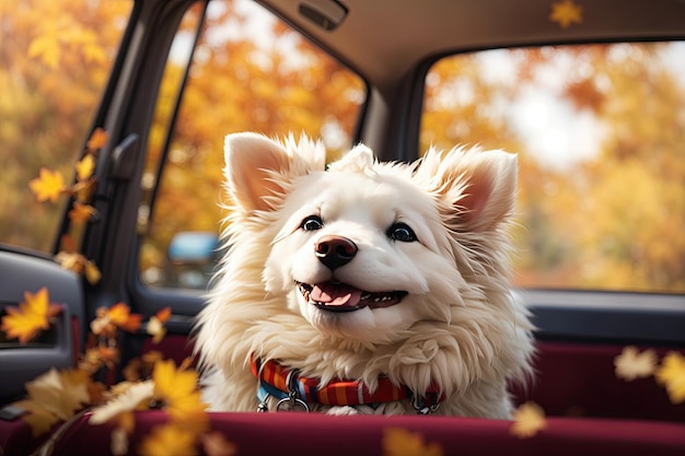 Cachorro branco fofo e feliz na janela do carro Sorrindo ai generativo