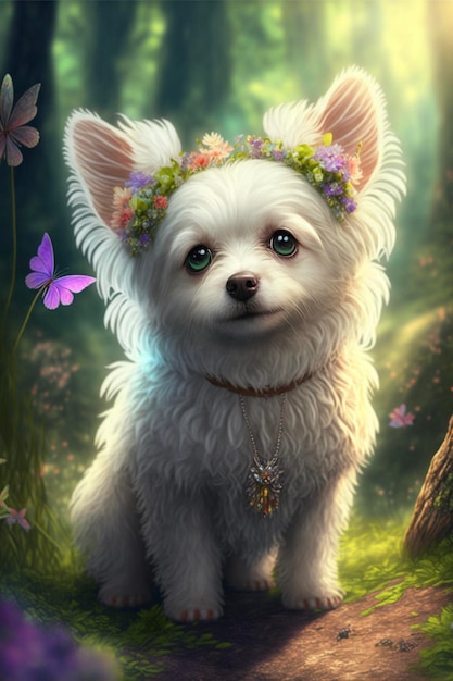 Cachorro branco pequeno com uma coroa de flores na cabeça generativa ai