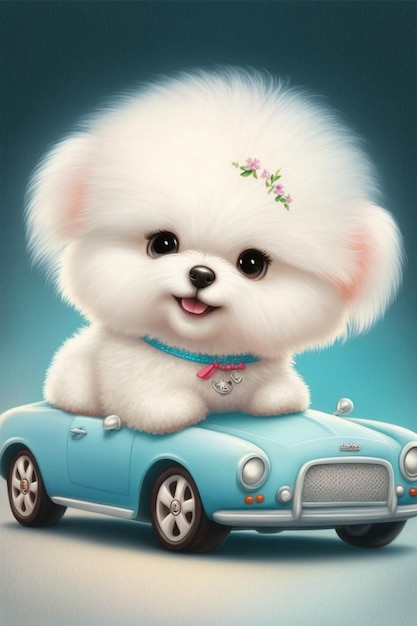 Cachorro branco sentado em cima de um carro azul generativo ai