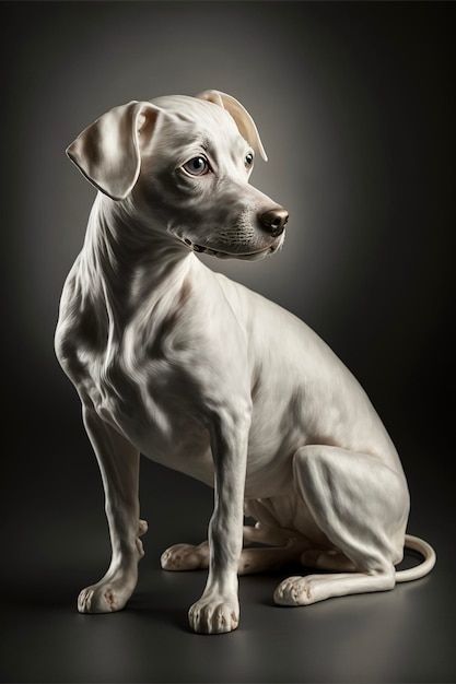 Cachorro branco sentado em cima de um chão preto