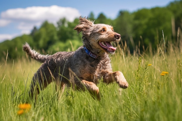 Cachorro brincalhão pulando e rolando em prados gramados exuberantes criados com IA generativa