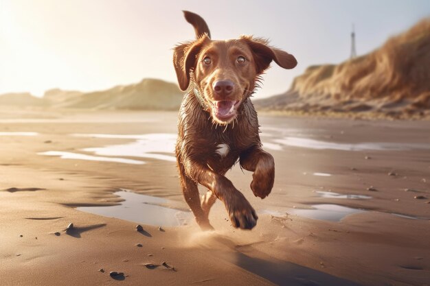 Foto cachorro brincando na praia