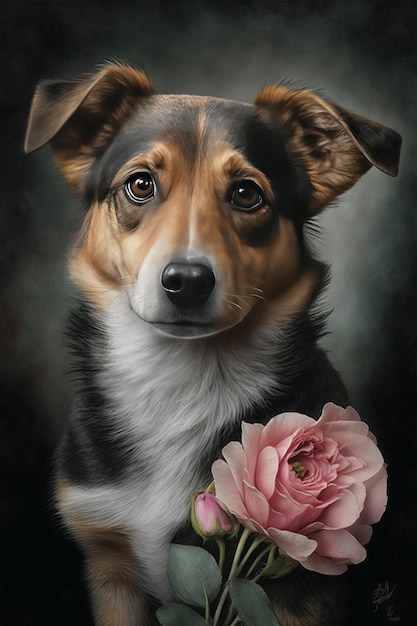 Foto cachorro británico con rosas rosas alrededor de un hermoso perro de edad de fondo