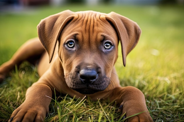 Cachorro Brownholmer en Italia Adorable raza de perro relajándose en la hierba y mirando a la cámara