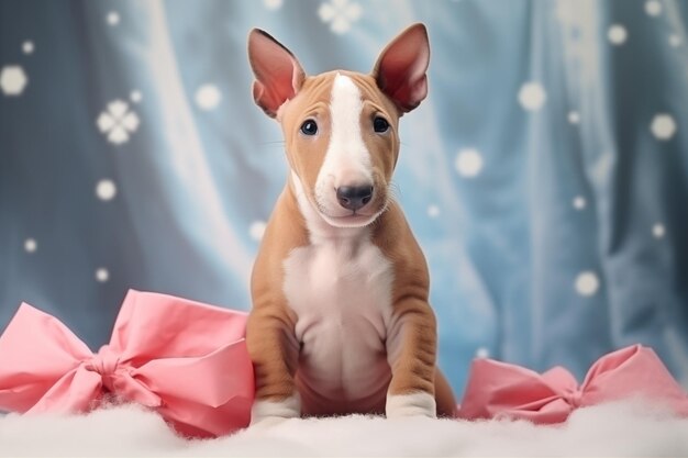 Un cachorro de Bull Terrier se sienta en el medio de un fondo nevado de arco rosado