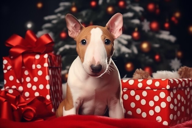 El cachorro Bull Terrier se sienta en el medio de los regalos rojos de Navidad con el árbol de puntos en el fondo