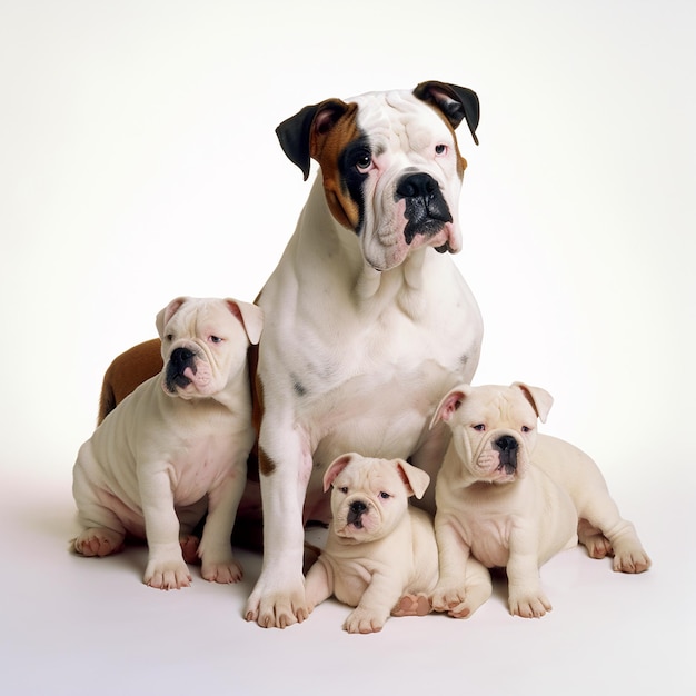 Cachorro bulldog americano com filhotes fecham o retrato isolado no fundo branco Bravo animal de estimação