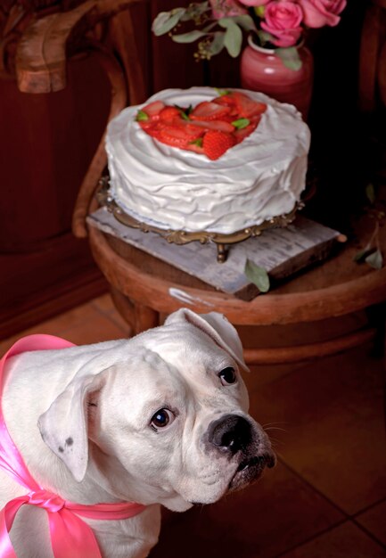 Cachorro, bulldog americano e bolo de morango com chantilly decorado com folhas de hortelã. dia dos namorados.