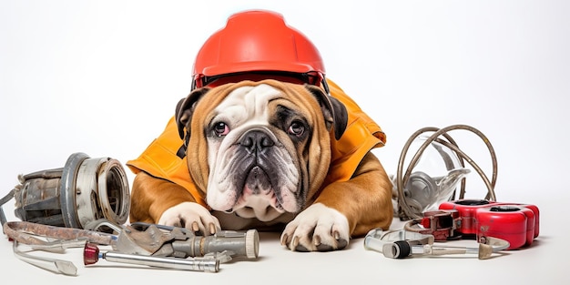 Cachorro bulldog em um capacete de construção protetor vermelho encontra-se em chaves em um fundo branco