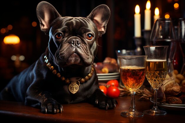 Cachorro bulldog francês com copo de vinho branco em um fundo escurogenerative ai