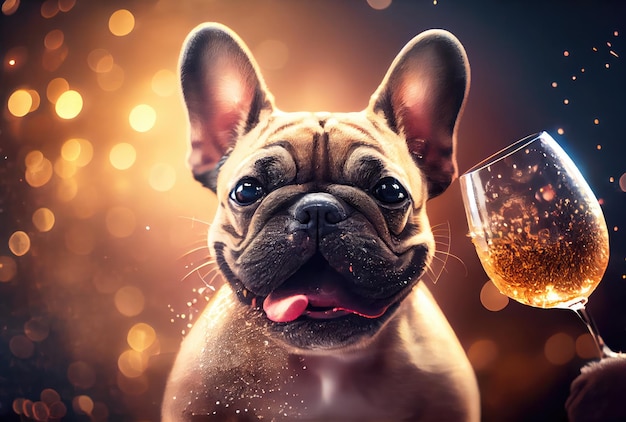 Cachorro bulldog francês feliz com copo de vinho torrado em festa e bokeh dourado luz de fundo Conceito de animal e animal de estimação Ilustração de arte digital Generative AI