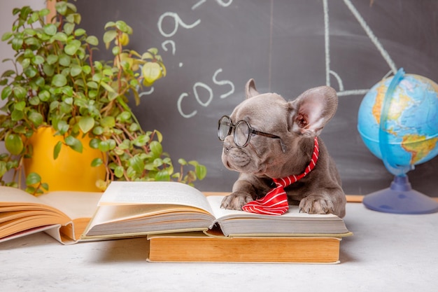 Un cachorro de bulldog francés en el fondo de una pizarra con gafas y libros