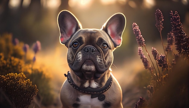 Cachorro de bulldog francés sentado en la hierba en el ai generador de luz de la tarde