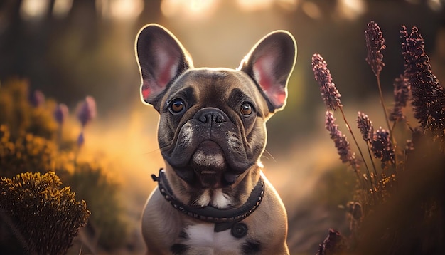 Cachorro de bulldog francés sentado en la hierba en el ai generador de luz de la tarde