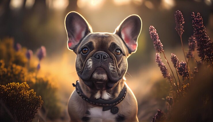 Cachorro de bulldog francés sentado en la hierba en el ai generador de luz de la tarde