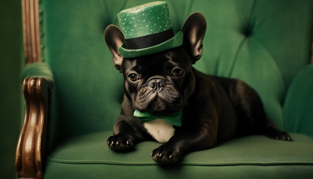 Cachorro de bulldog francés se sienta en una silla con sombrero verde en el día de Patrick