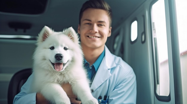 Cachorro de bulldog francés con veterinario en la ambulancia veterinaria AI generativa