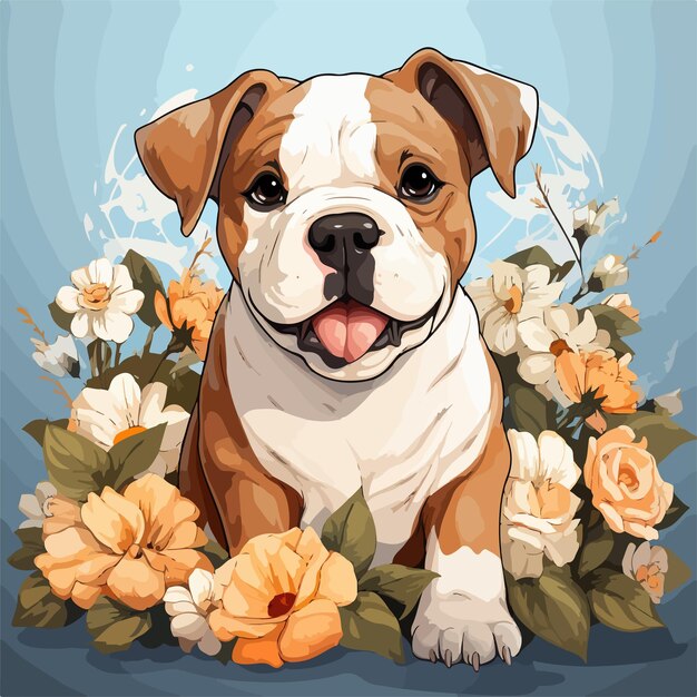 cachorro de bulldog inglés con flores