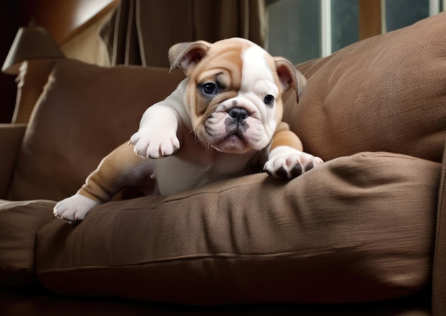 Un cachorro de Bulldog Inglés intentando subirse a un gran sofá