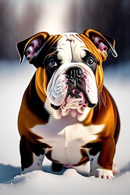 Cachorro de bulldog inglés en la nieve Retrato de un perro lindo bulldog inglés