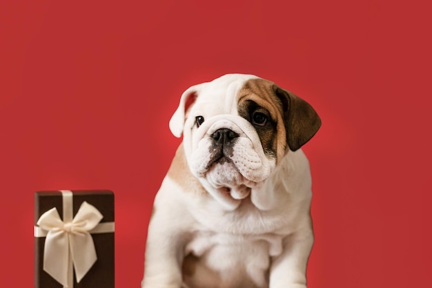 Un cachorro de bulldog inglés sobre un fondo rojo Un perro de pura sangre y una caja de regalo