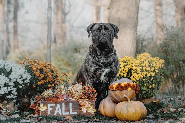Cachorro Bullmastiff ao ar livre em um fundo de cores de outono com letras de maçãs de outono e outras flores