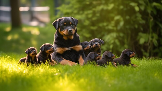 un cachorro con cachorros en la hierba.