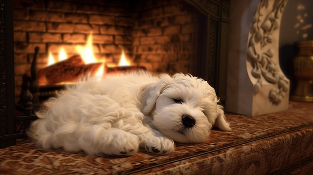 Cachorro cálido y difuso durmiendo junto a la chimenea