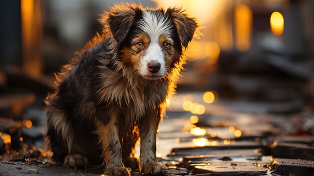 Cachorro callejero en una calle dañada a la luz de la tarde Una imagen poderosa para la defensa de los derechos de los animales