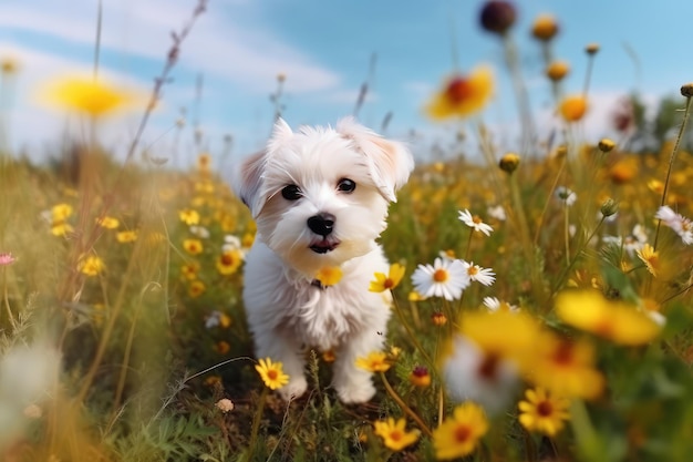 Un cachorro en un campo de flores Un pequeño y lindo cachorro de mascota mirando a la cámara