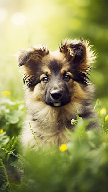 Un cachorro en un campo de flores.