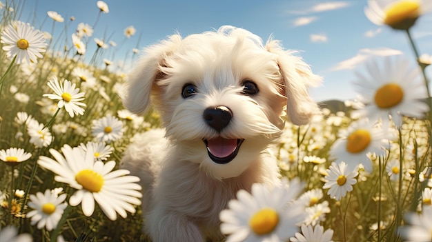 un cachorro en un campo de margaritas con un fondo de cielo.