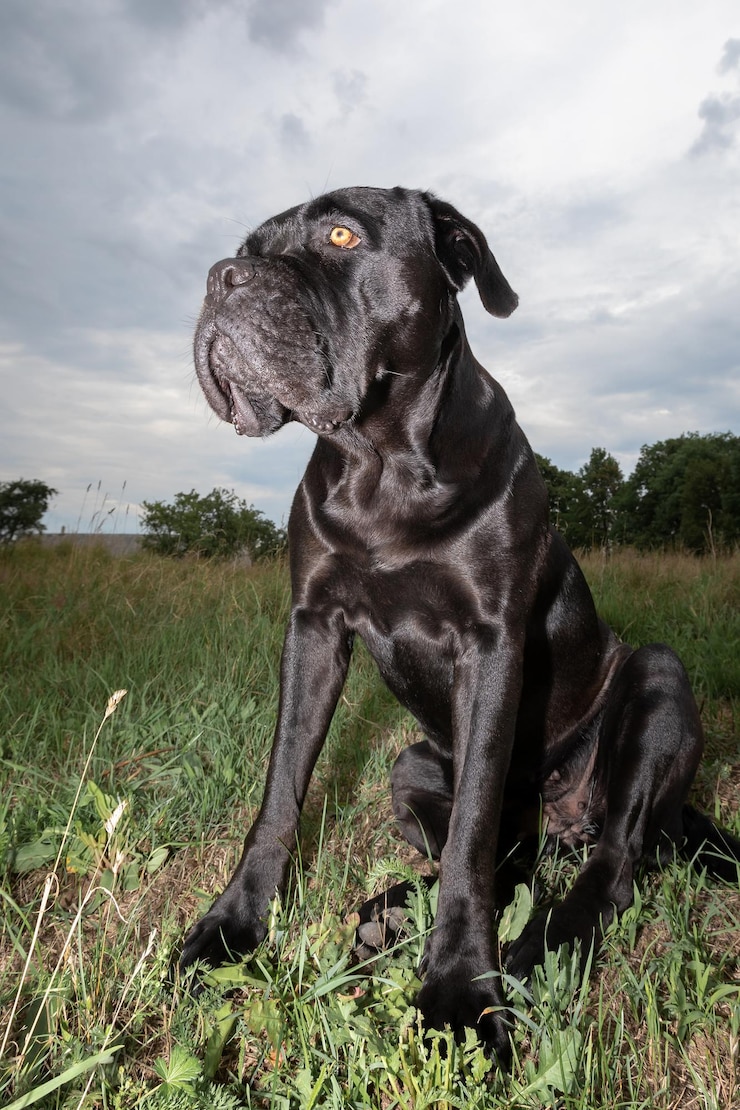Foto cachorro-cana-de-corso de pêlo preto brilhante na campina fotografado com lente grande angular