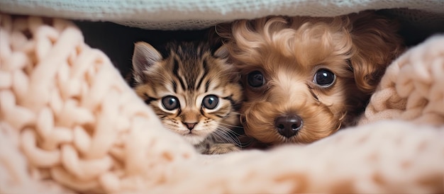 Cachorro de caniche enano abraza gatito atigrado debajo de una manta en la cama Vista superior Espacio para texto