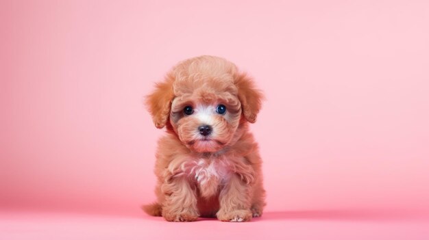 Un cachorro de caniche de juguete exhibido contra un delicioso telón de fondo rosado dejando espacio para la copia creativa