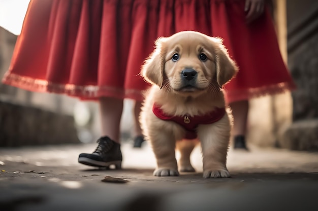 Un cachorro con un chaleco rojo se para frente a los pies de un niño.